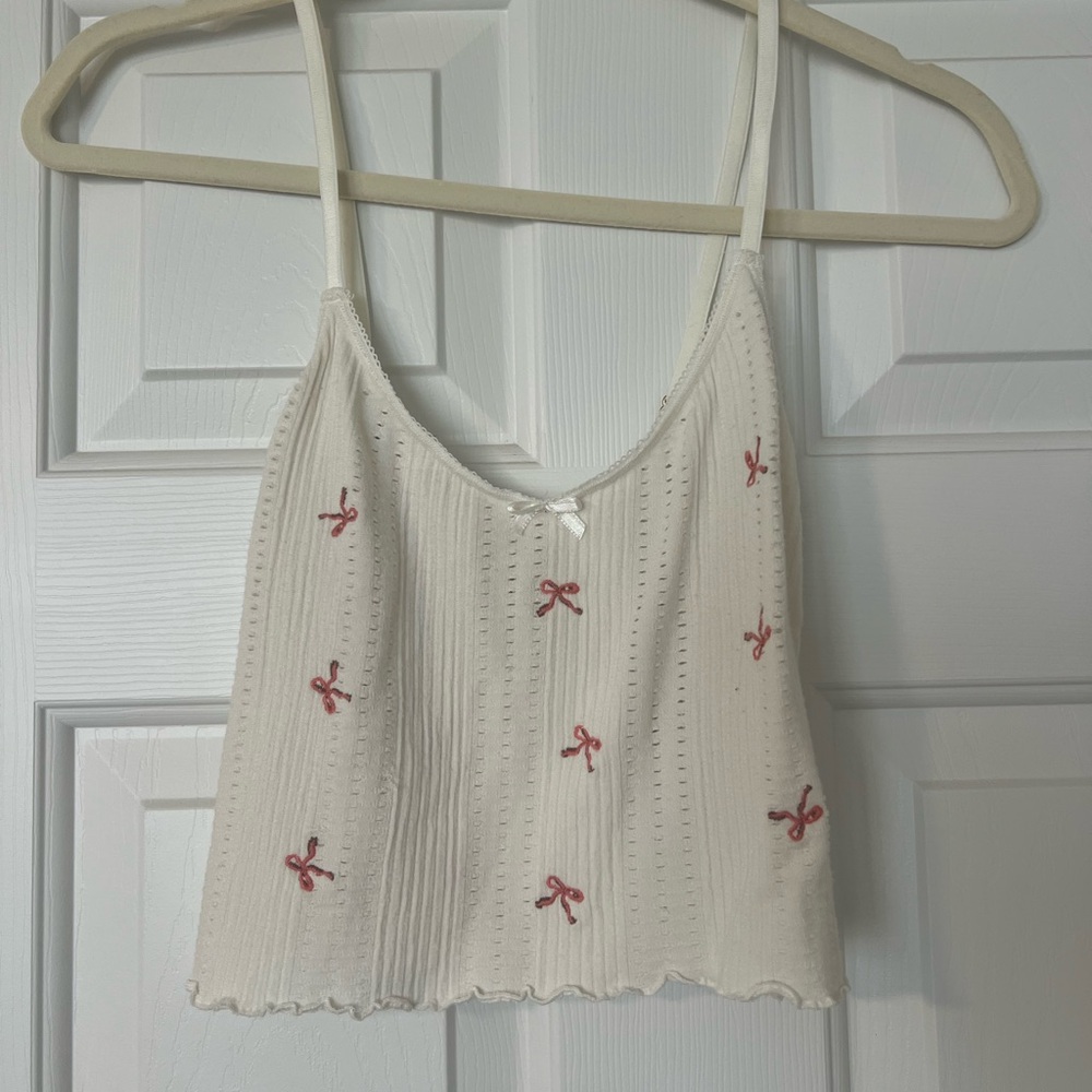 Anthropologie Cream Tank with Pink Bow Embroidery